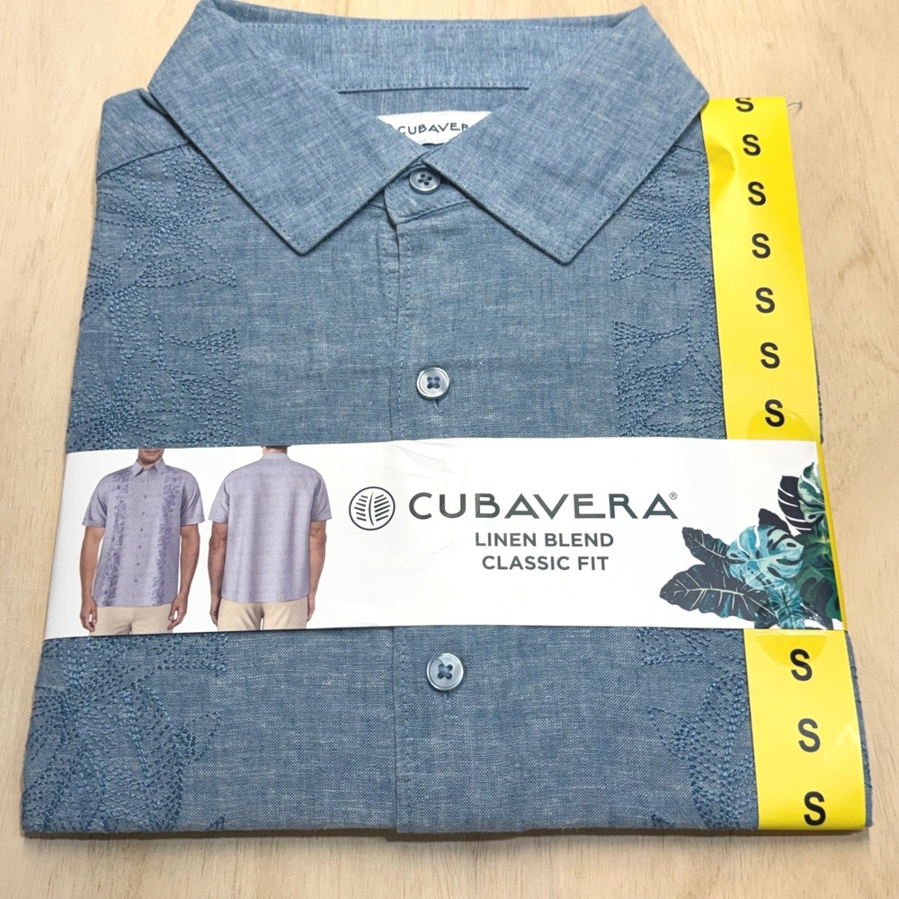 Cubavera Mens S Blue Linen Blend Embroidered Short Sleeve Guayabera Shirt NEW